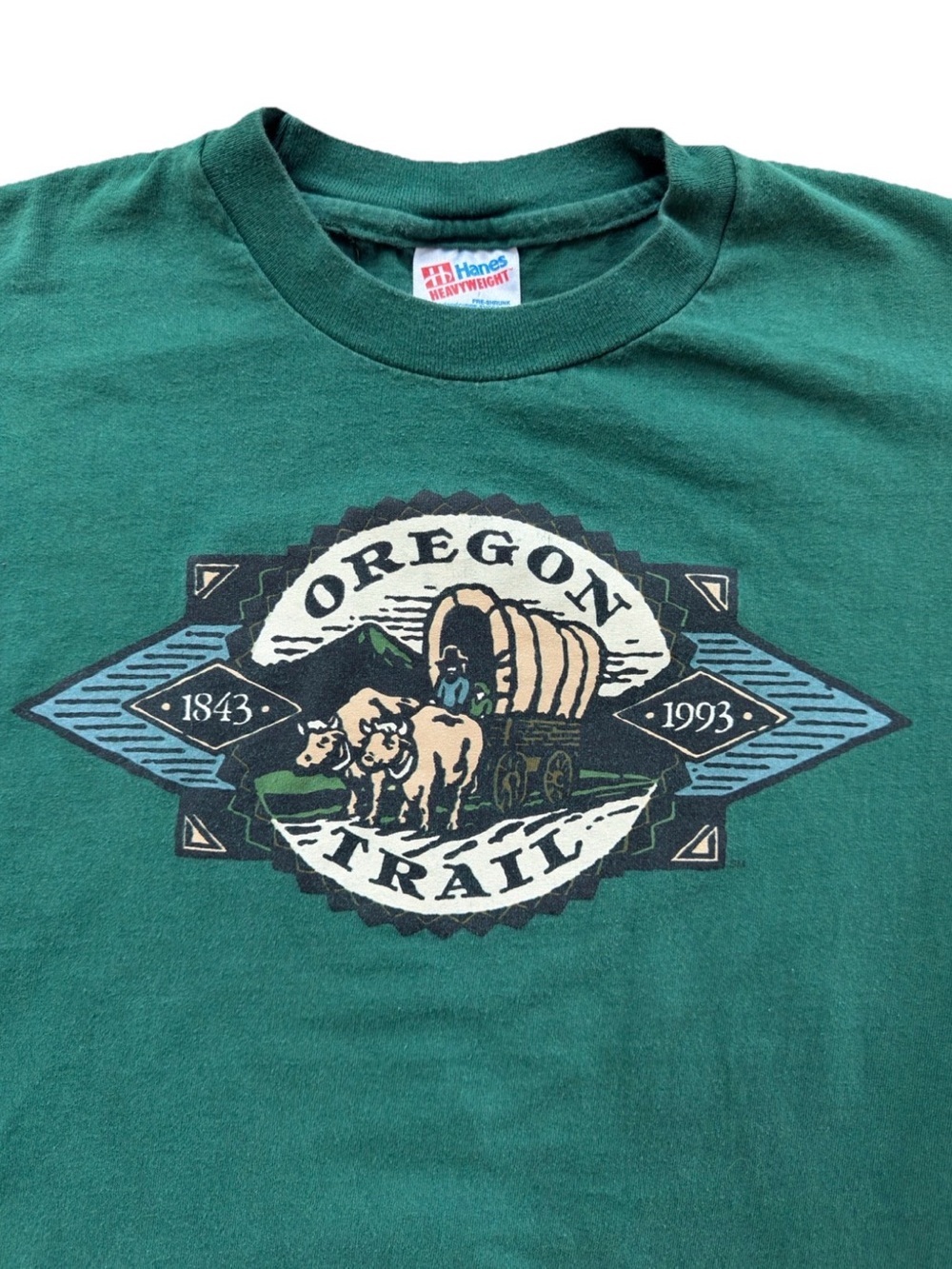 Vintage 90s Single Stitch Hanes Oregon Trail T-Shirt Green 100% Cotton USA S/M - Picture 4 of 9
